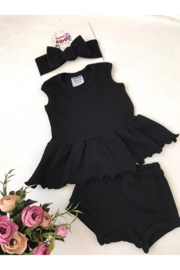 ŞAPKAKİDS Ribana Şort Bluz ve Ribana Bandana Set