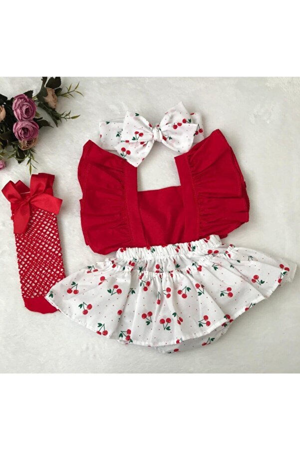 ŞAPKAKİDS Kız Çocuk Kiraz Desen Fırfırlı Slopet Bandana Kırmızı File Çorap Set