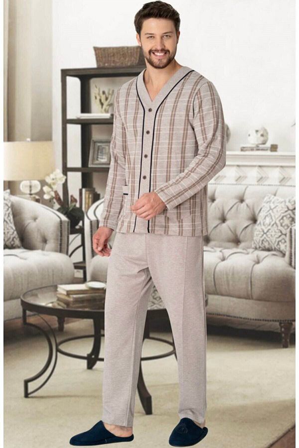 Mecit Pijama-Men's Brown Front Button Plus Size Pajamas Set 2767 1