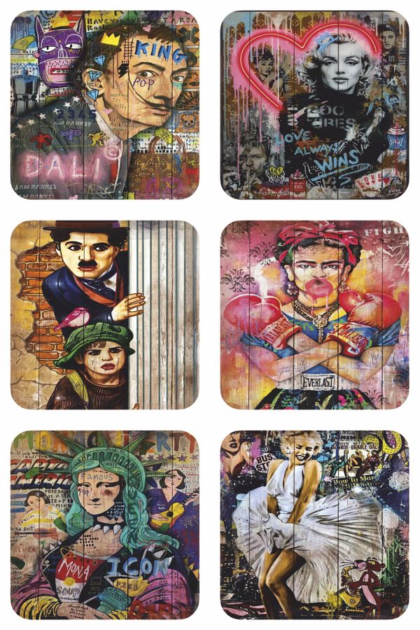 Hayat Poster-pop art celebrities charlie chaplin Marilyn Monroe salvador dali set of 6 retro wood coaster 1