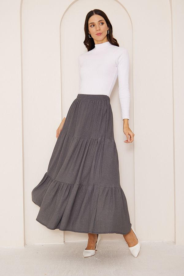 comstar Gray Seasonal Layered Comfortable Skirt Cotton Long Skirt Casual Skirt Comfortable Skirt Hijab Skirt Trendyol