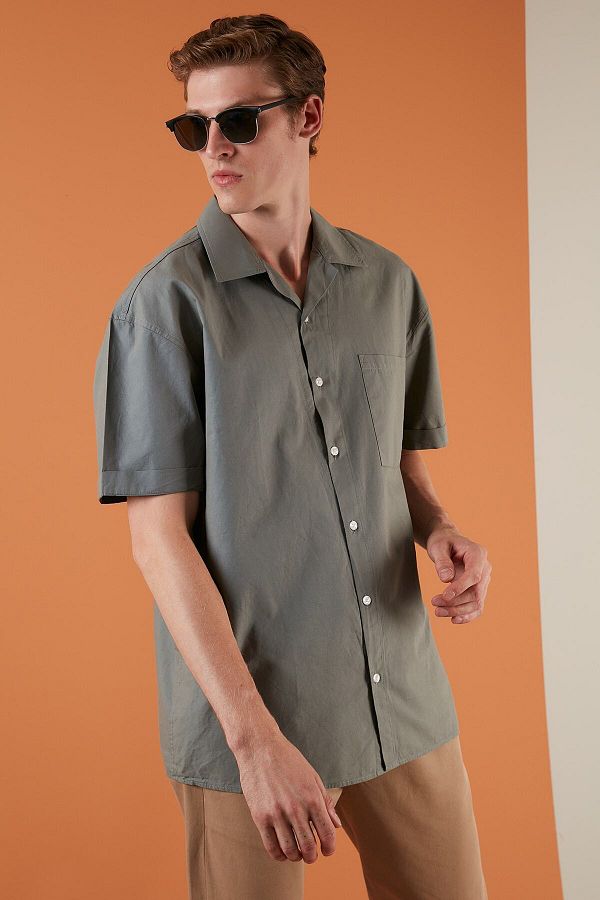 Buratti-Relaxed Fit Short Sleeve Single Pocket Open Collar Shirt Men's Shirt Cf21194664 1