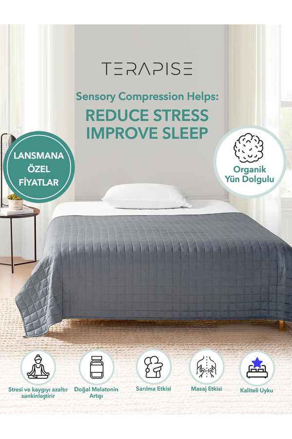 Terapise Yün Dolgulu Ağırlıklı Terapi Yorganı / Battaniyesi 3 Kg, Gri, Dört Mevsim Kullanılabilir 100x150cm