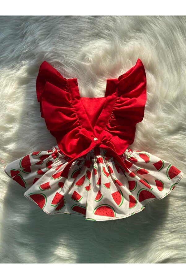 ŞAPKAKİDS Kız Bebek Beyaz Kırmızı Karpuz Fırfır Salopet &bandana Set