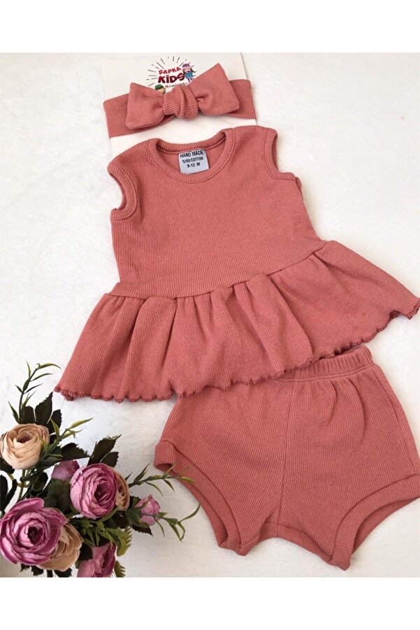 ŞAPKAKİDS Ribana Şort Bluz Ve Ribana Bandana Set