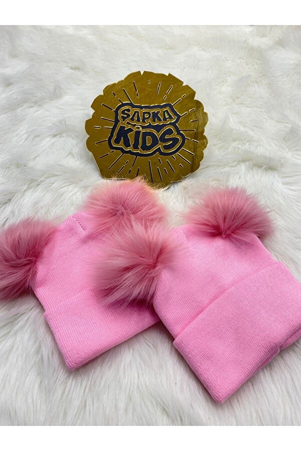 ŞAPKAKİDS Pembe Çift Ponponlu Bere