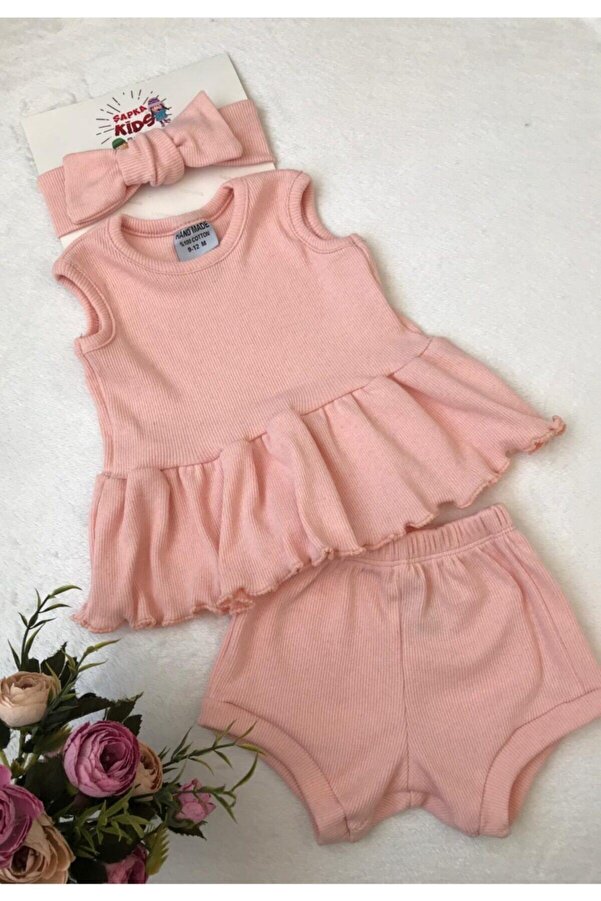 ŞAPKAKİDS Ribana Şort Bluz Ve Ribana Bandana Set