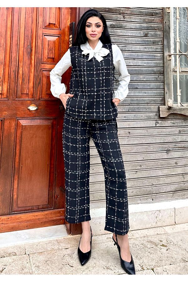 KUCU UM BUT K Black Color Tweed Vest Pants Set Set of 2 Trendyol