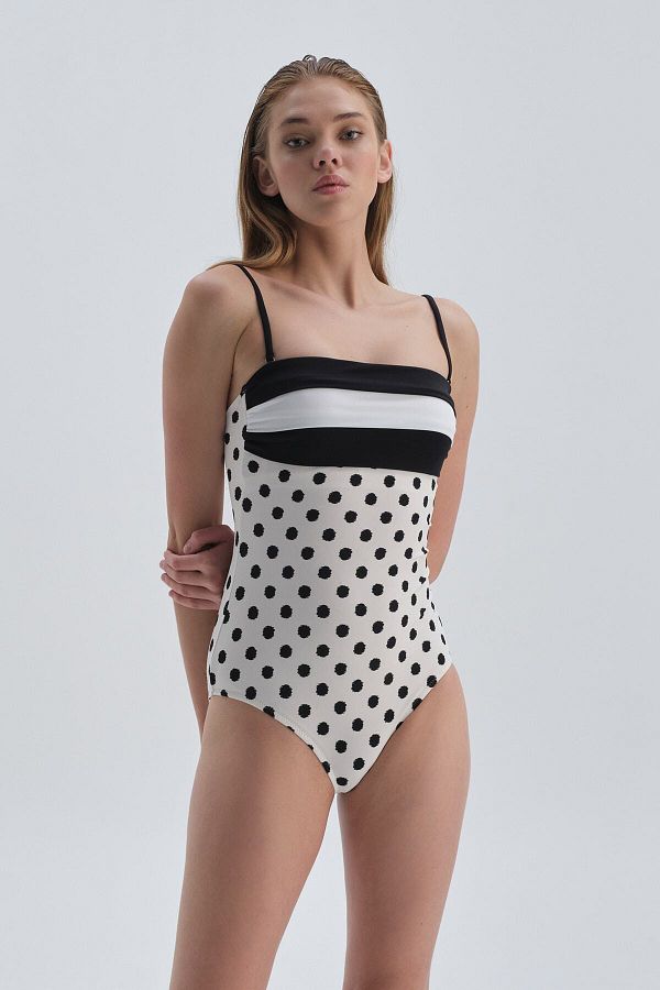 Black and white strapless swimsuit store
