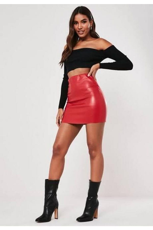 Red faux leather mini skirt cheap
