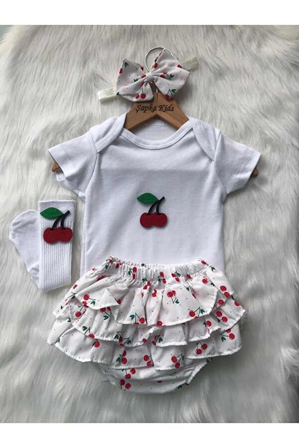 ŞAPKAKİDS Kız Bebek Kiraz Şort Bandana Çorap Zıbın Set