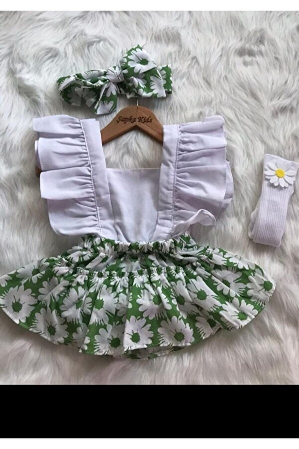 ŞAPKAKİDS Kız Bebek Yeşil Cicek Desen Salopet Bandana Çorap Set