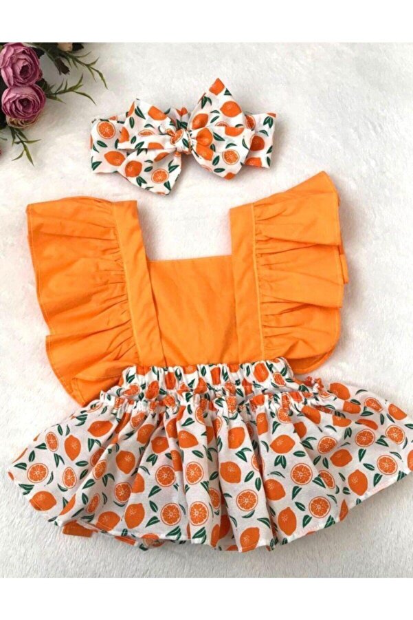 ŞAPKAKİDS Kız Bebek Turuncu Portakal Desen Salopet Bandana Seti