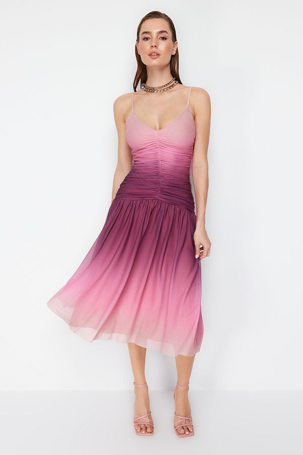 Trendyol Collection-Kolorowa tiulowa sukienka z dzianiny w kształcie litery A - TPRSS24EL00055 1