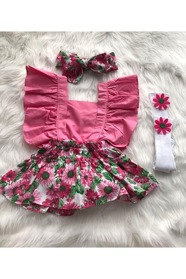 ŞAPKAKİDS Kız Bebek Ayçiçeği Pembe Salopet Bandana Çorap Set