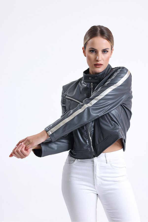 Striped leather jacket womens clearance