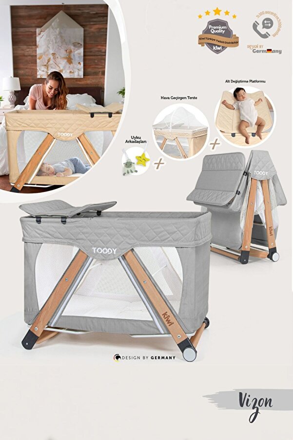 Kiwi Toody Park Beşik All In One Katlanır Tekerlekli Sallanır Sabitlenir Anne Yanı Oyun Parkı Beşik-Vizon