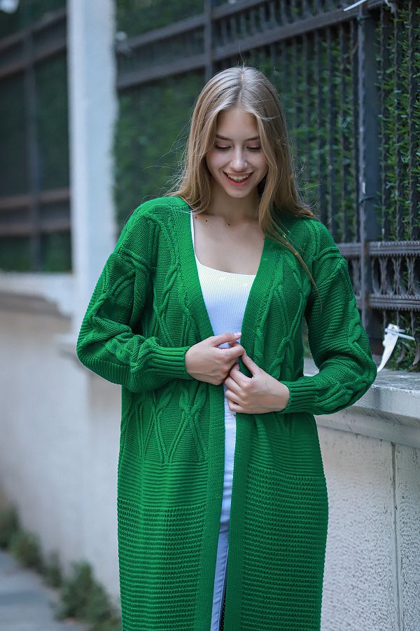ALCHON V Neck Long Sleeve Thessaloniki Knitted Hair Patterned Long Ankle Length Winter Thick Knitwear Cardigan Trendyol