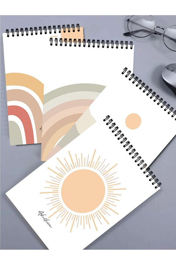 AKILLICA-Set of 4 Unlined Notebooks 13 X 20 cm 56 Sheets Cardboard Cover Top Spiral Notebook Notebook Sun 1
