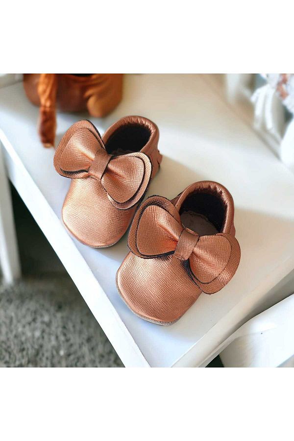 Lemonj Genuine Leather Baby Loafers with Bronze Bow Booties First Step Newborn Nursery Shoes Trendyol