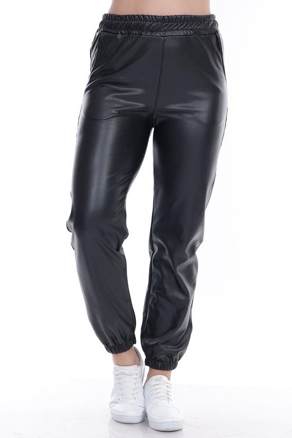 Wotto Women s Black Leather Sweatpants Trendyol