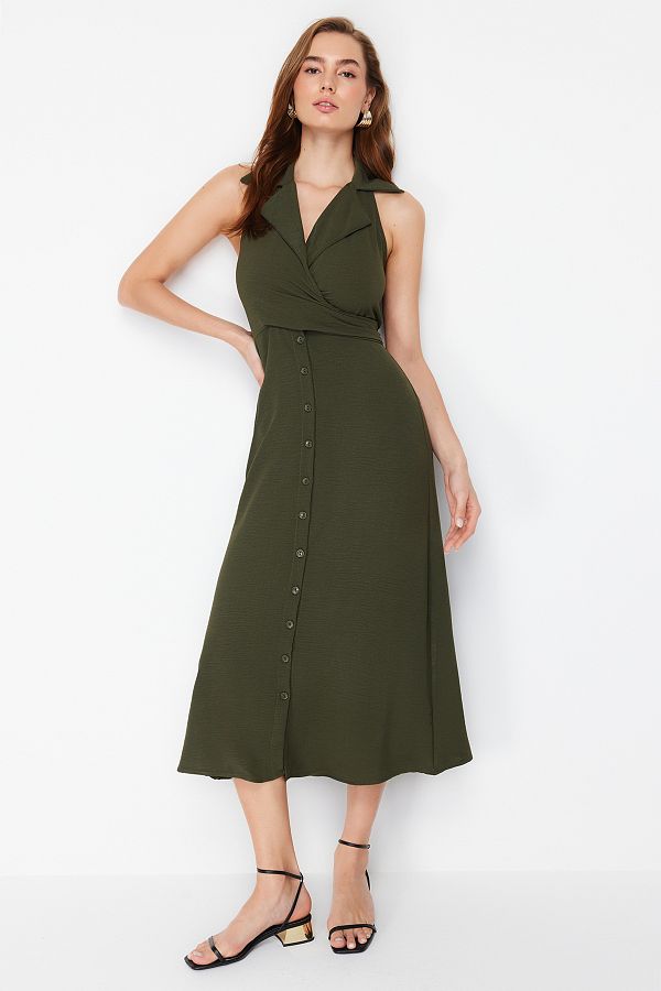 Trendyol Collection Khaki Tie Detailed Maxi Woven Shirt Dress TWOSS24EL00343 Trendyol