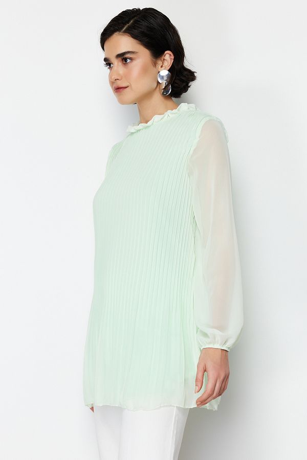 Trendyol Modest-Tkaná tunika z mätového šifónu TCTSS24UK00003 1
