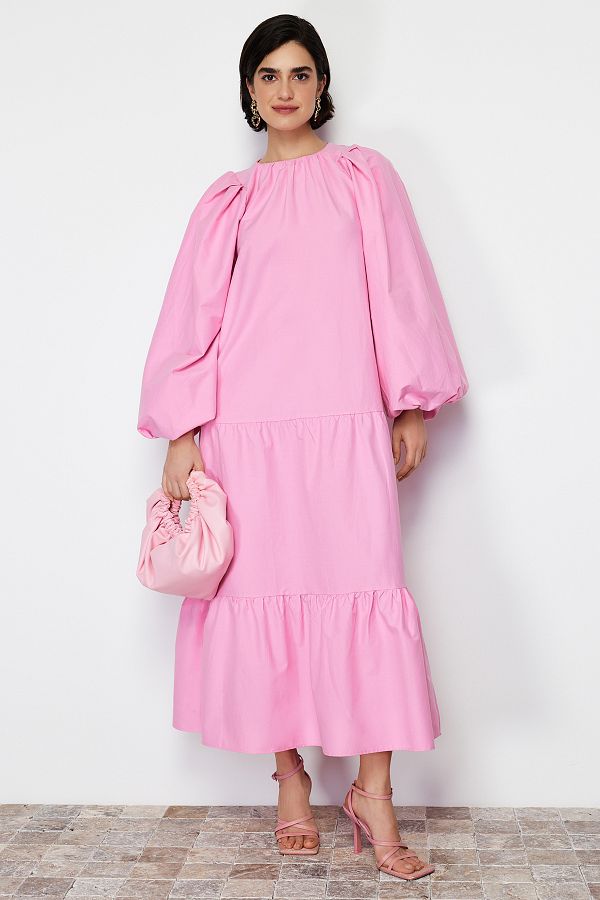 Trendyol Modest Pink Balloon Sleeve Skirt Layered Cotton