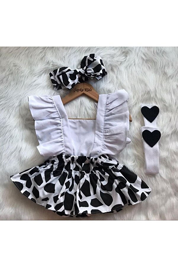 ŞAPKAKİDS Kız Bebek Zebra Desen Salopet Bandana Çorap Set
