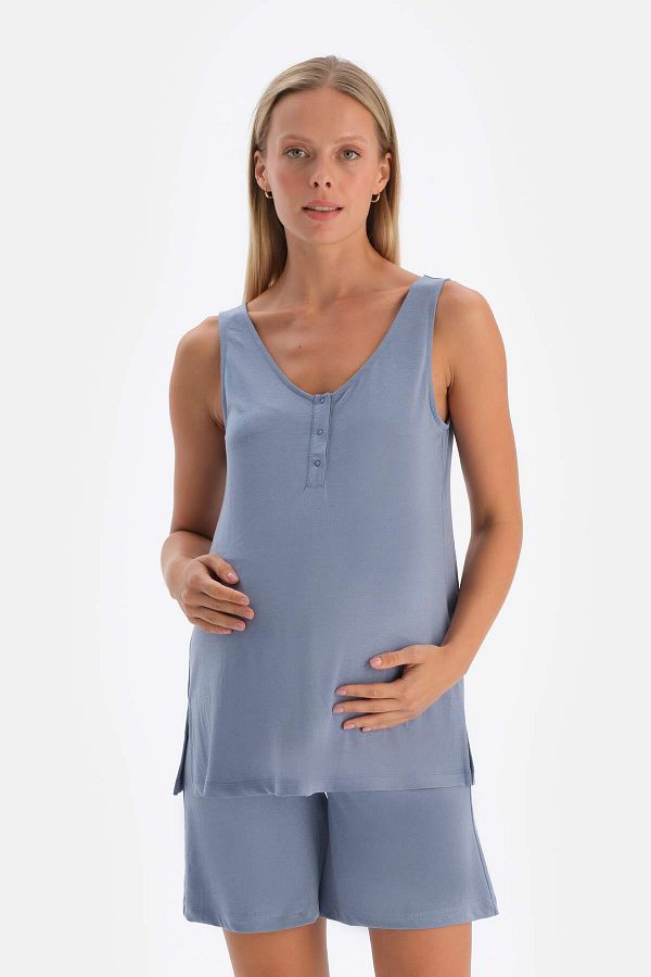 Dagi-Indigoblauer, halbgespritzter Umstands-Athletenpullover aus Modal 1