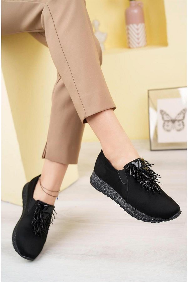 Aymood Black Suede Stretch Stoned Women s Stylish Daily Comfortable Orthopedic Non Slip Sole Ballerina Shoes Trendyol