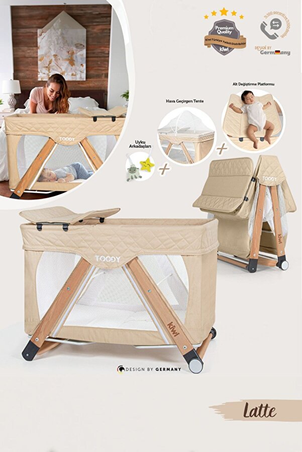 Kiwi Toody All in One Katlanır Tekerlekli Sallanır Sabitlenir Anne Yanı Park Yatak Beşik - Latte