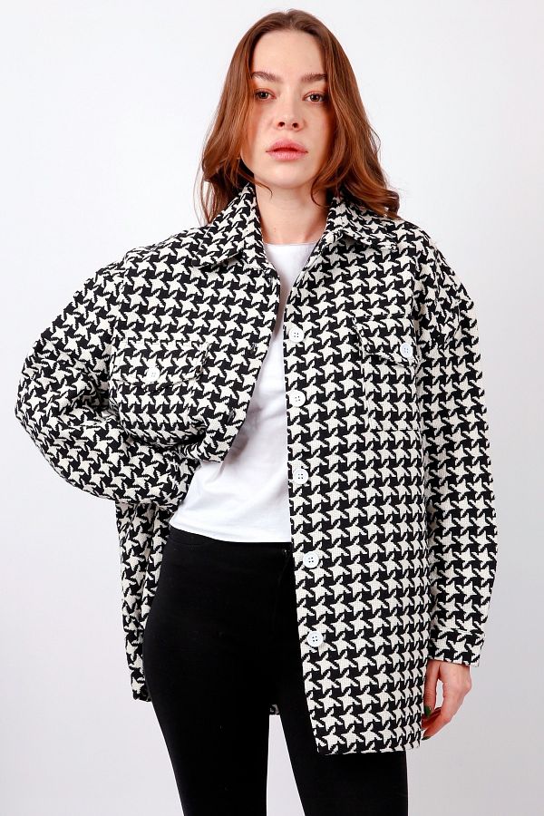 Shivi Fashion Women s Oversize Houndstooth Pocket Button Detail Casual Jacket Trendyol