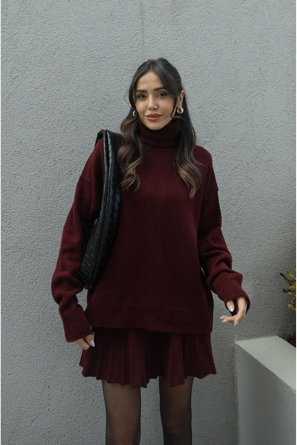 Mooi Butik Burgundy Pleated Mini Skirt Fisherman Sweater Bottom Top Knitwear Set Trendyol
