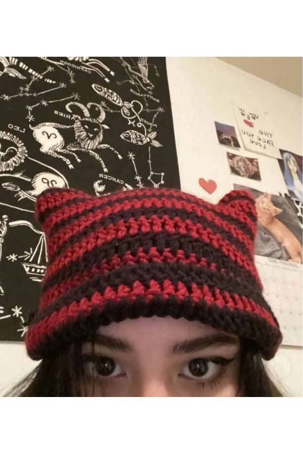 Planet Butik-Cat Ear Beanie Black Red I Handmade 1