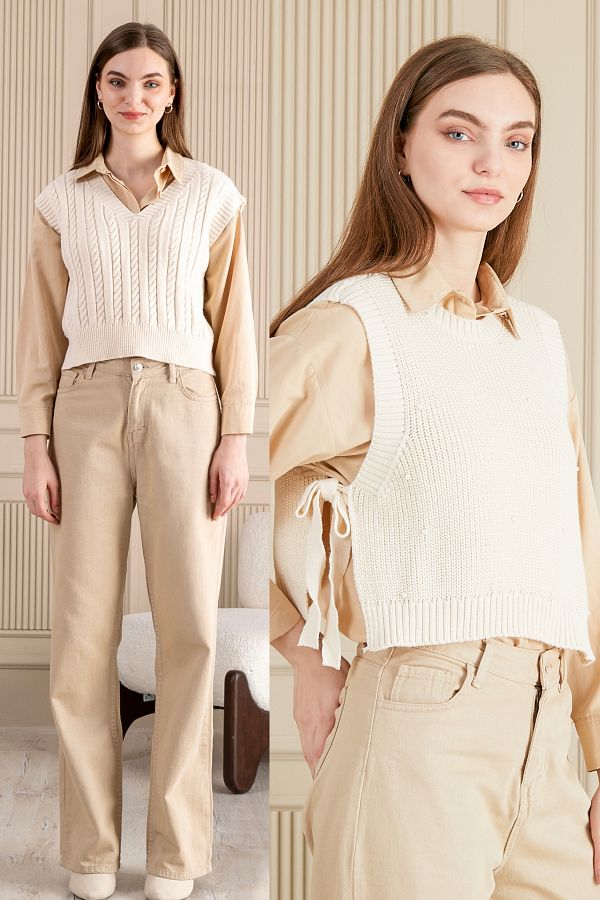 KISCHE Cream Colored V Neck and Pearl Detailed 2 Piece Women s Sweater Trendyol