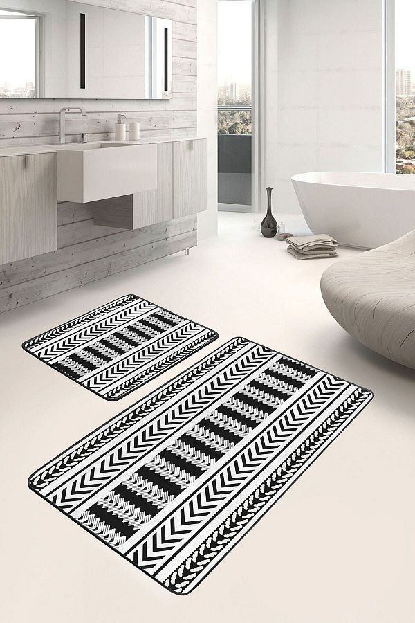 Nish & Royal-Black - White Geometric Motif on the Floor Scandinavian Geometric Simple & Stylish 2-Piece Bath Mat Set 1