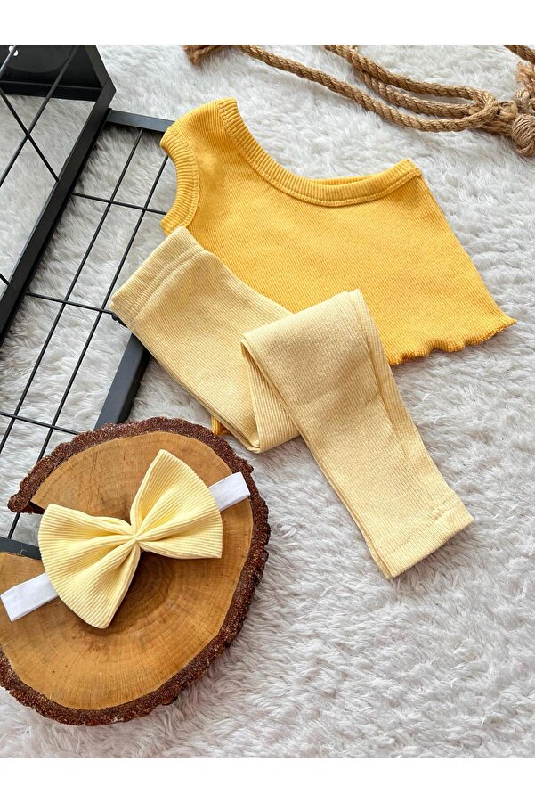 BAHNUR SARI BEBEK ÇOCUK TEK KOL CROP TAYT VE BANDANA SETİ TAKIMI