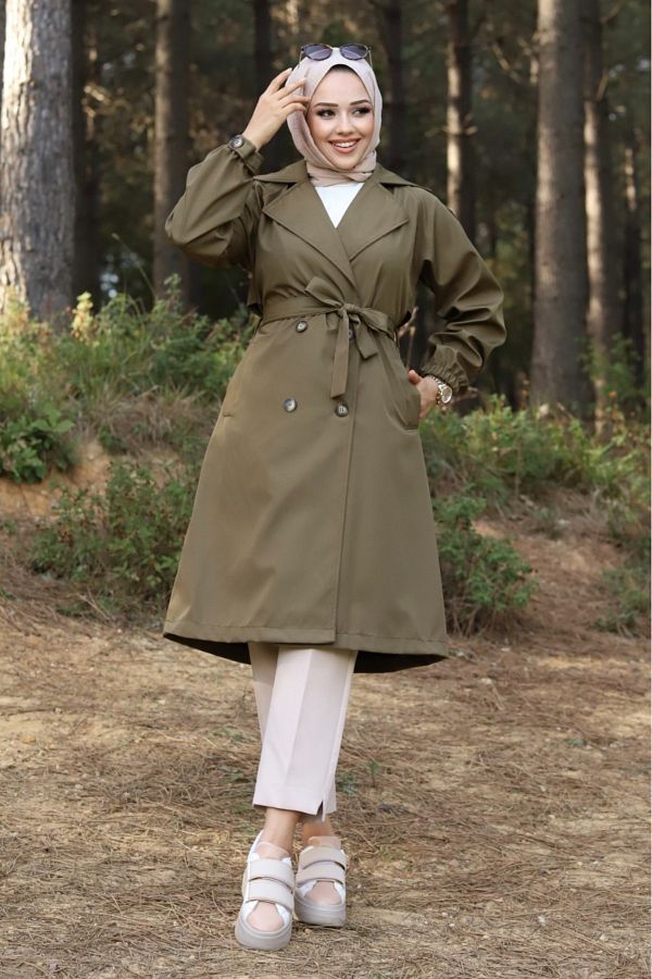 moda ala Tan Colored Sleeve Belted Trench Coat Trendyol