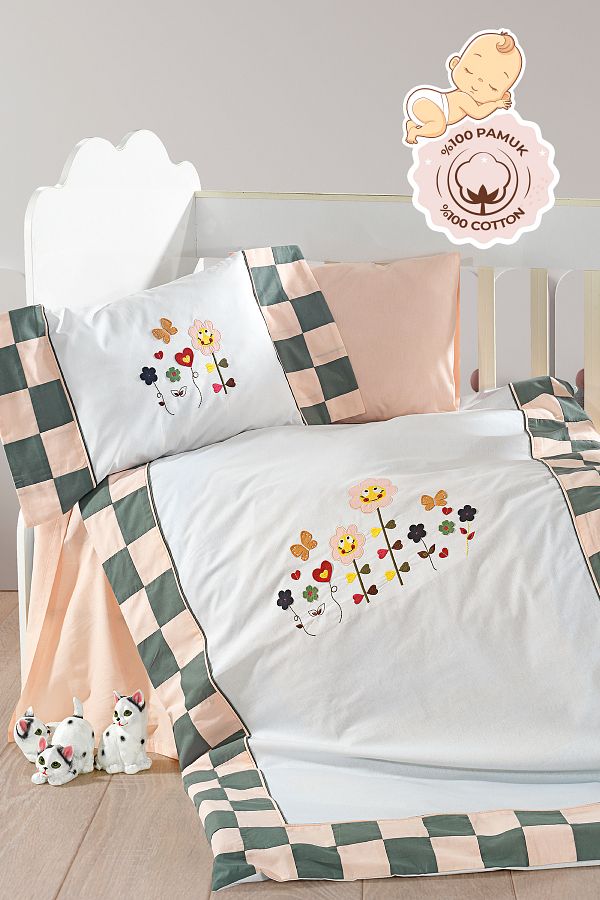 Evlen Home Collection Organic Cotton Baby Kids Embroidered Patterned Duvet Cover Set 4 Piece Crib Unisex Trendyol