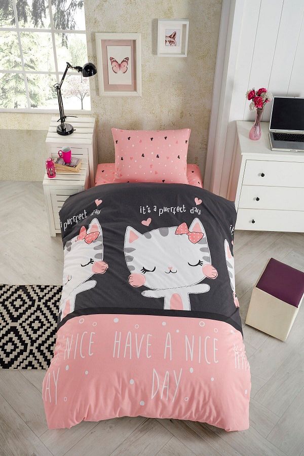 LaLiva-Pink-black Single Child Duvet Cover Set with Elastic Cotton Cat Pattern and Sheets 1