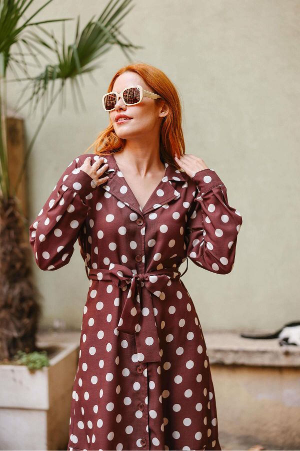 Brown polka dot shirt dress outlet