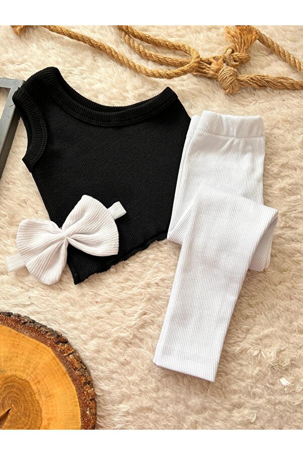 BAHNUR SİYAH BEBEK ÇOCUK TEK KOL CROP TAYT BANDANA TAKIMI SETİ