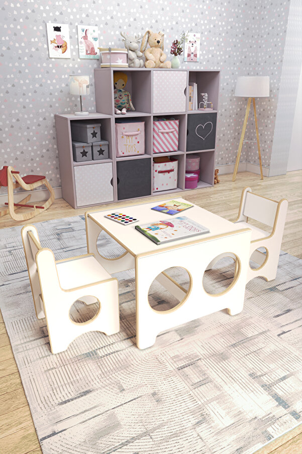 zeo wood design Montessori Çocuk Oyun & Aktivite & Çalışma Masa Ve 2 Sandalye - Beyaz