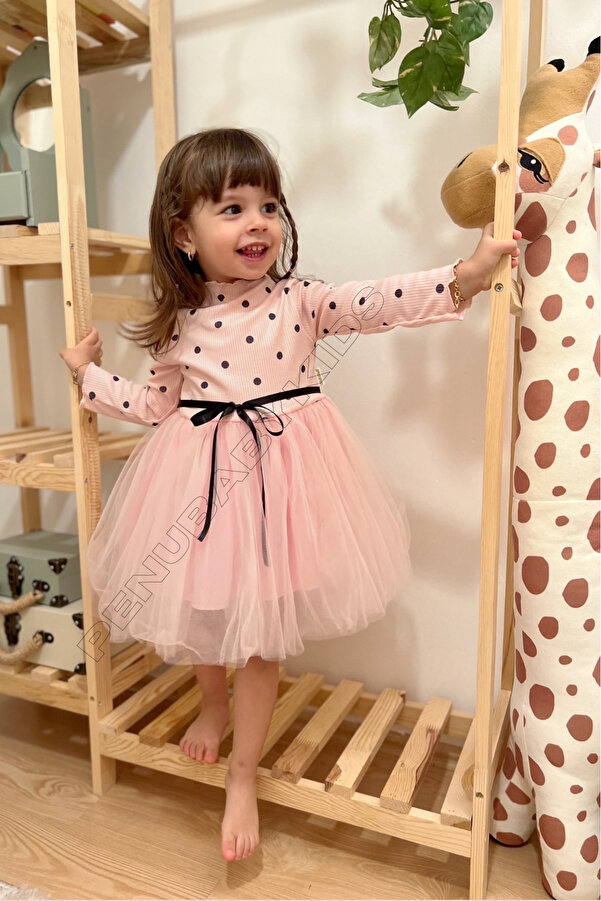 penu baby kids Pink Polka Dot Tutu Long Sleeve Baby Girl Dress