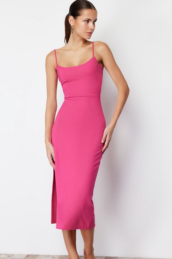 Trendyol Collection Fuchsia Cut Out Detailed Slit Body Fitted Strap Midi Flexible Knitted Pencil Dress TWOSS24EL00139 Trendyol