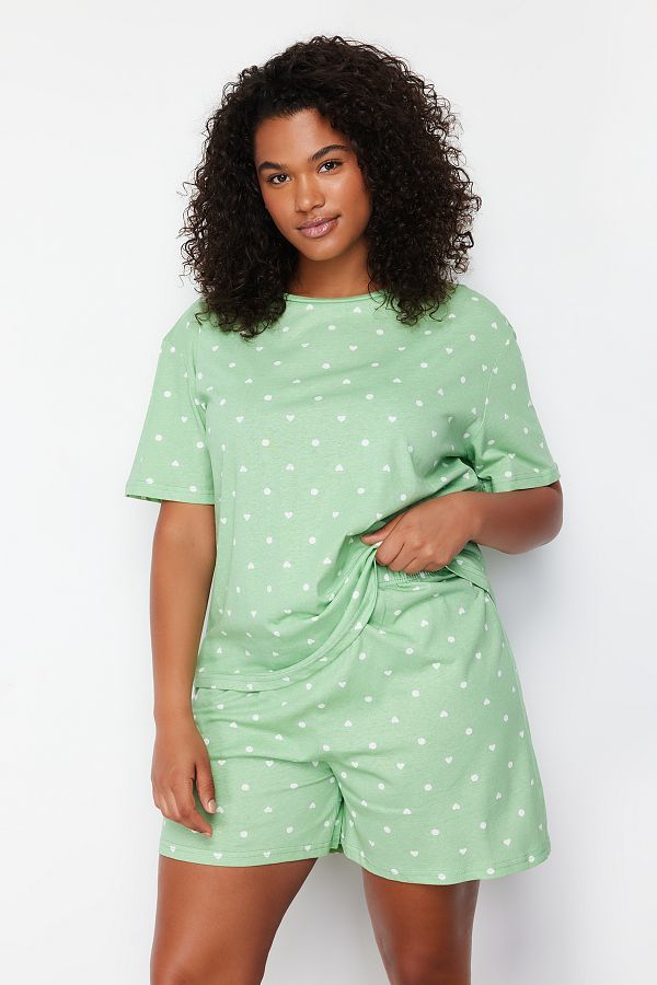 Trendyol Curve-Gestricktes Pyjama-Set mit Herzmuster in Mintgrün TBBSS24AI00025 1