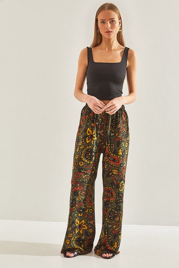Bianco Lucci-Women's Patterned Viscose Trousers with Elastic Waist60101053 1