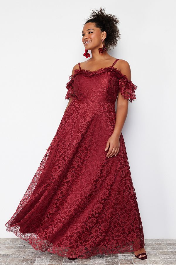Trendyol Curve Burgundy Ruched Straps Maxi Evening Dress Long Length A Cut Graduation Engagement Evening Gown TBBAW23AH00187 Trendyol