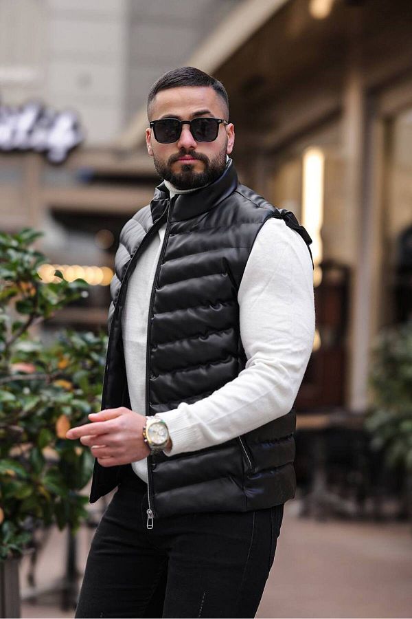 Kawimoda Men s Black Leather Puffer Vest Trendyol
